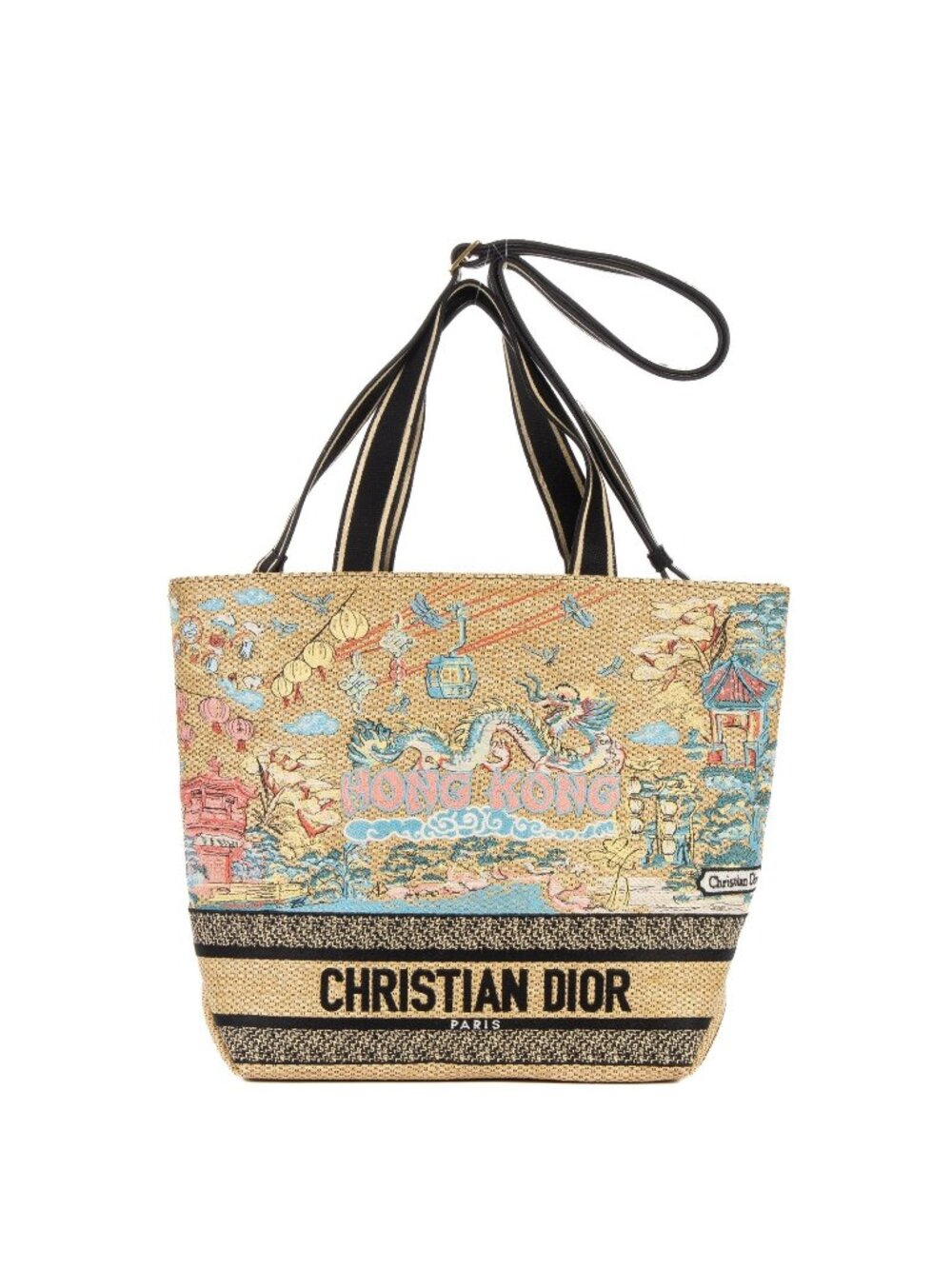 Dior Book Tote Bag Navy Beige Hong Kong City Motif Canvas